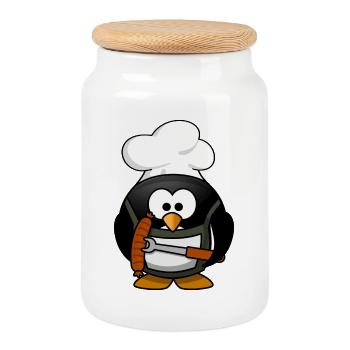 Cuisson du pingouin avec des saucisses grillées - Boîte à biscuits avec couvercle en bois - blanc - Devant