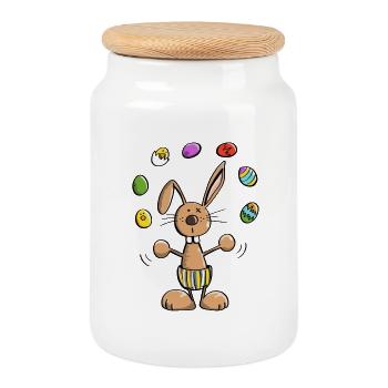 Osterhase jongliert bunte Ostereier - Ostern - Keksdose mit Holzdeckel - Weiß - Vorne