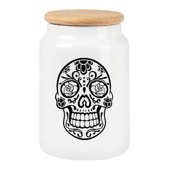 Sugar Skull Floral – Día de los Muertos Skull - Cookie Jar with Wooden Lid - white - Front