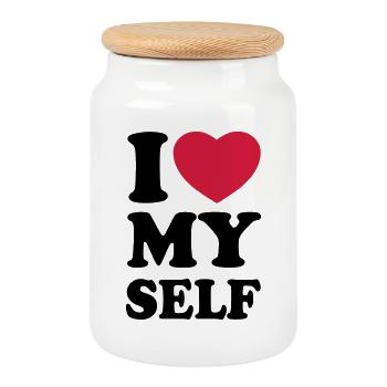 I love my self - J'aime mon auto - Boîte à biscuits avec couvercle en bois - blanc - Devant
