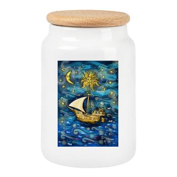 Schiff im Sternenmeer - Keksdose mit Holzdeckel - Weiß - Vorne