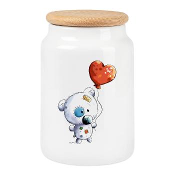 Teddy with balloon - Cookie Jar with Wooden Lid - white - Front