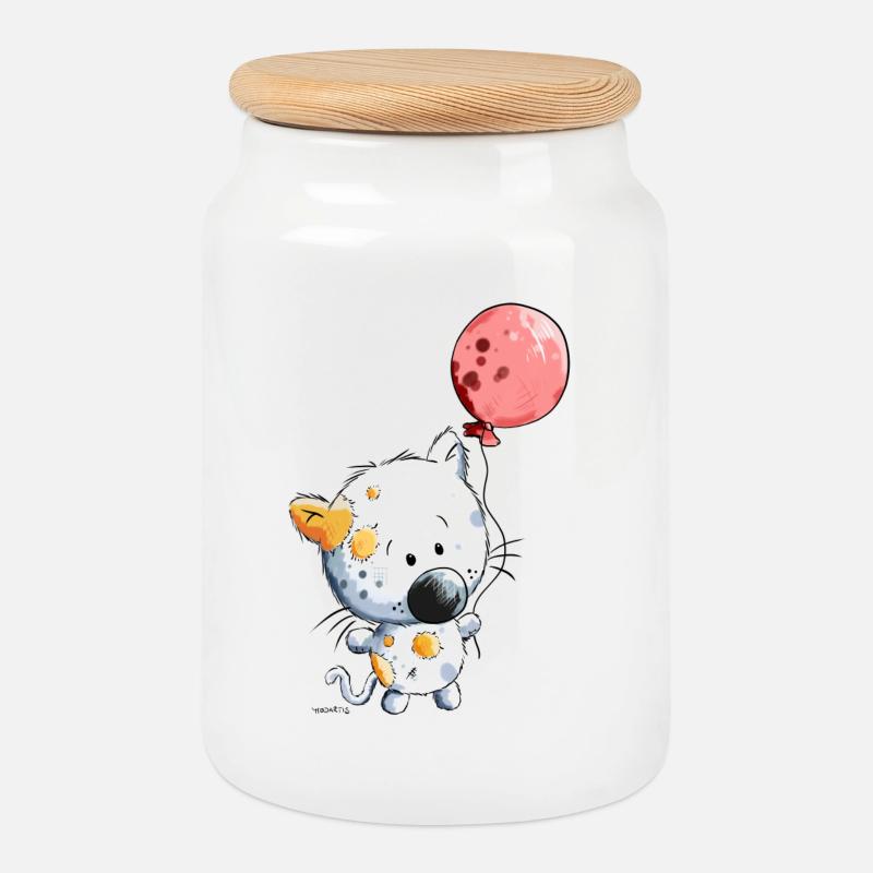 Katze mit Ballon - Keksdose mit Holzdeckel - Weiß