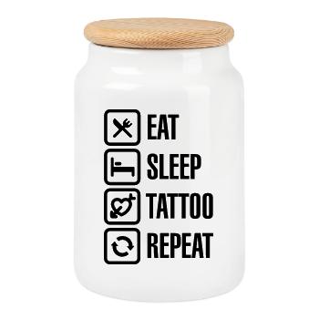 Eat Sleep Tattoo Repeat - Cookie Jar with Wooden Lid - white - Front
