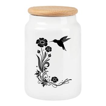 Floral motif with flowers and hummingbird. - Cookie Jar with Wooden Lid - white - Front