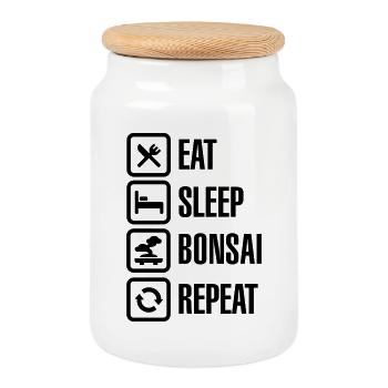 Eat Sleep Bosai Repeat Japanese small tree pruning - Cookie Jar with Wooden Lid - white - Front