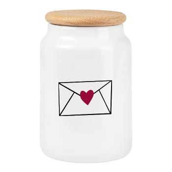 Red heart on black - Cookie Jar with Wooden Lid - white - Front