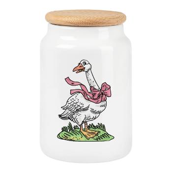 Goose with pink ribbon - Cookie Jar with Wooden Lid - white - Front