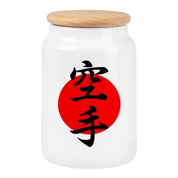 Karaté en écriture kanji japonaise avec soleil rouge - Boîte à biscuits avec couvercle en bois - blanc - Devant