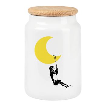 Mädchen schauckelt unter dem Mond Streetart Style - Keksdose mit Holzdeckel - Weiß - Vorne