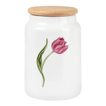Elegant Pink Tulip Illustration - Cookie Jar with Wooden Lid - white - Front