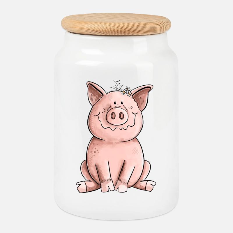 Glückliches Schwein - Keksdose mit Holzdeckel - Weiß