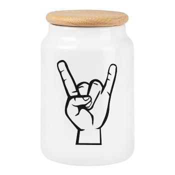 Hand mit Rock- Metal -Satan Symbol - Keksdose mit Holzdeckel - Weiß - Vorne