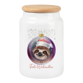 Frohe Weihnachten Weihnachtsoutfit Faultier - Keksdose mit Holzdeckel - Weiß - Vorne