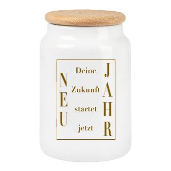 New Jahr Deine Zukunft startet jetzt - Slogan - Keksdose mit Holzdeckel - Weiß - Vorne