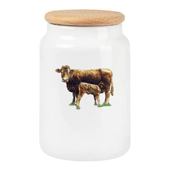 Vache avec veau - Boîte à biscuits avec couvercle en bois - blanc - Devant