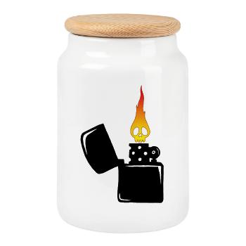 Flammenschädel und schwarzes Feuerzeug - Keksdose mit Holzdeckel - Weiß - Vorne