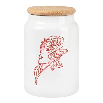 Die Dame und die Rose (rot) - Keksdose mit Holzdeckel - Weiß - Vorne