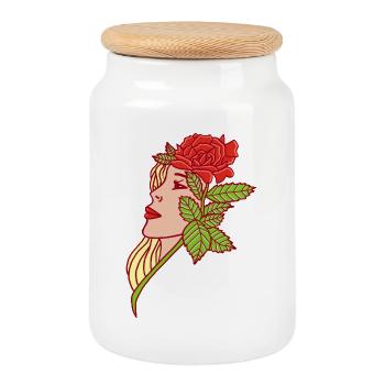 La dame et la rose - Boîte à biscuits avec couvercle en bois - blanc - Devant