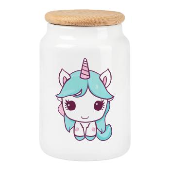 Süßes Kawaii Einhorn sitzt und ist glücklich - Keksdose mit Holzdeckel - Weiß - Vorne