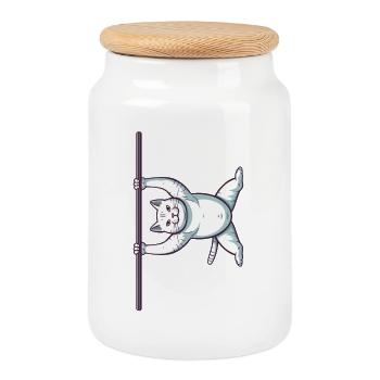 White Comic Cat in Iron X - Cookie Jar with Wooden Lid - white - Front