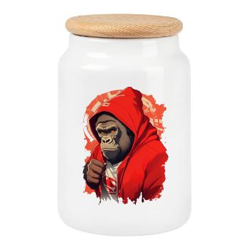 Gorille à capuche rouge - Boîte à biscuits avec couvercle en bois - blanc - Devant