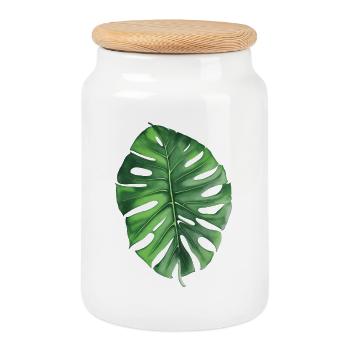 Monstera - Cookie Jar with Wooden Lid - white - Front