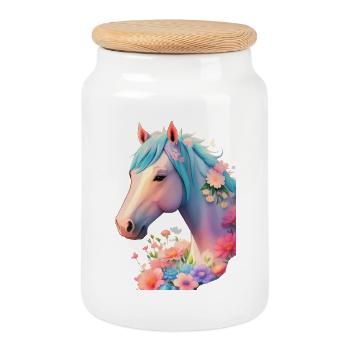 Cheval fleur - Boîte à biscuits avec couvercle en bois - blanc - Devant