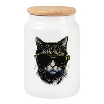 Chat avec lunettes - Boîte à biscuits avec couvercle en bois - blanc - Devant