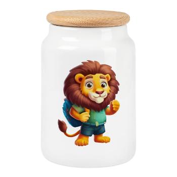 Adventurous Lion Backpacker Illustration - Cookie Jar with Wooden Lid - white - Front