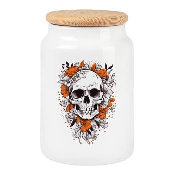 Skull with flowers - Cookie Jar with Wooden Lid - white - Front