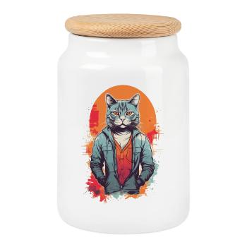 Cool Gray Cat - Cookie Jar with Wooden Lid - white - Front