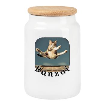 Chat sauteur sur le clavier - Boîte à biscuits avec couvercle en bois - blanc - Devant