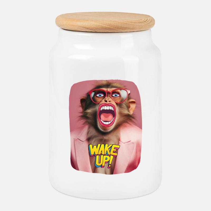 Wake up call - Cookie Jar with Wooden Lid - white