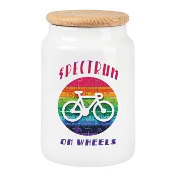 Spectrum On Wheels - Autism Spectrum Fahrrad Radfahren - Keksdose mit Holzdeckel - Weiß - Vorne