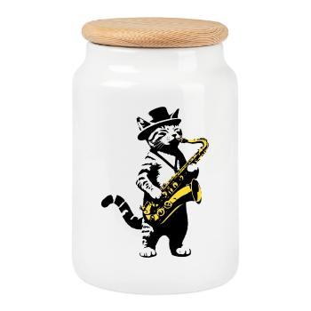 Katze Saxophon Musik Streetart Schablonen Stil - Keksdose mit Holzdeckel - Weiß - Vorne