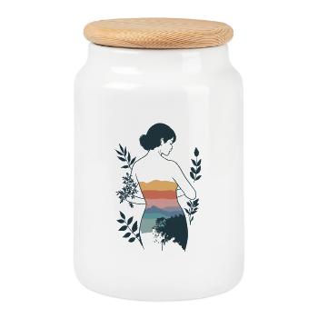 Woman with Mountain Landscape and Nature - Cookie Jar with Wooden Lid - white - Front