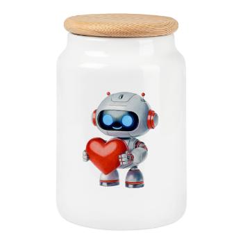 Roboter mit Herz - Keksdose mit Holzdeckel - Weiß - Vorne