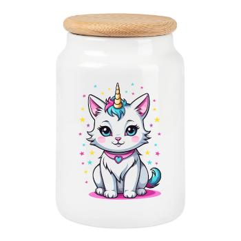 Cute Cat Unicorn - Cookie Jar with Wooden Lid - white - Front