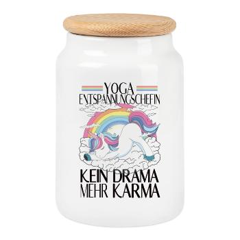 Yoga Relaxation Unicorn – No More Drama Karma - Cookie Jar with Wooden Lid - white - Front