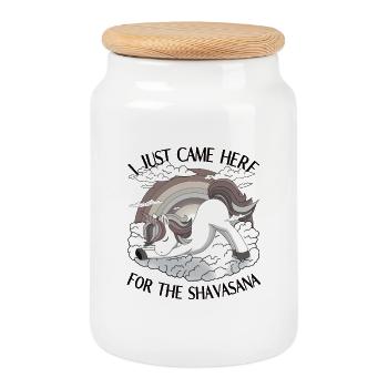 Yoga Humor – Just Here for Shavasana - Cookie Jar with Wooden Lid - white - Front