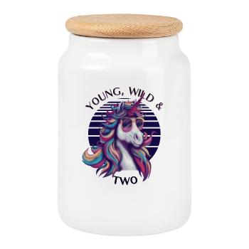 Young, Wild & Two – Cool Unicorn Birthday - Cookie Jar with Wooden Lid - white - Front