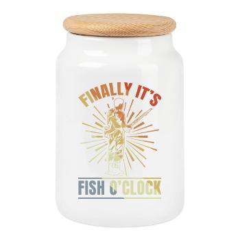 Endlich ist es Fisch Uhr - Keksdose mit Holzdeckel - Weiß - Vorne