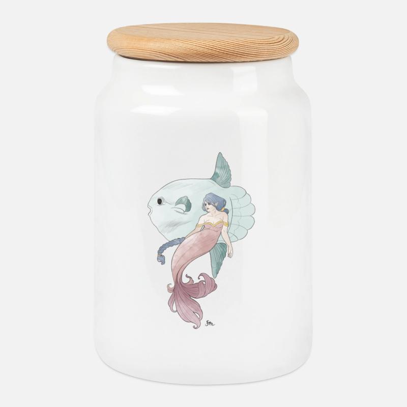 Amis de la mer – Sirène avec poisson-lun - Boîte à biscuits avec couvercle en bois - blanc