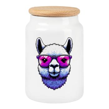 Alpaca with Sunglasses - Cookie Jar with Wooden Lid - white - Front