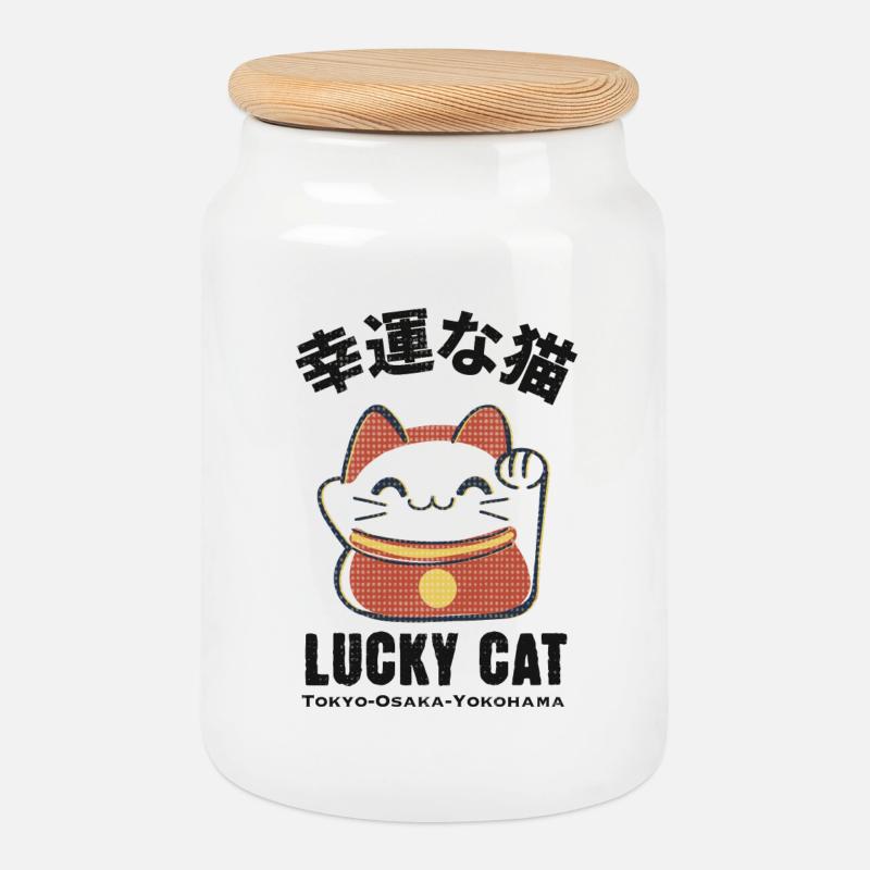 Lucky Cat - Keksdose mit Holzdeckel - Weiß