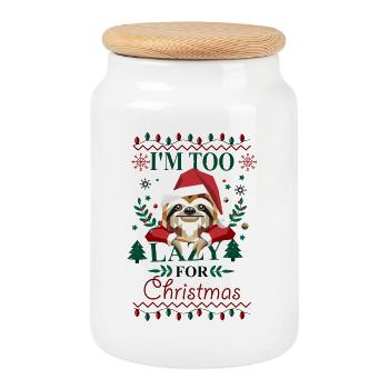 Style de Noël laid - Paresseux au chapeau de Père Noël - Boîte à biscuits avec couvercle en bois - blanc - Devant