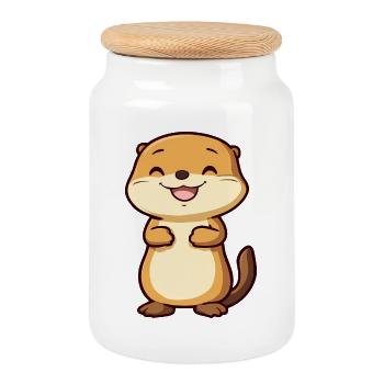 Cute and Happy Otter in Cartoon Style - Adorable - Cookie Jar with Wooden Lid - white - Front