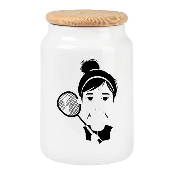 Badminton Player Cartoon Style - Cookie Jar with Wooden Lid - white - Front