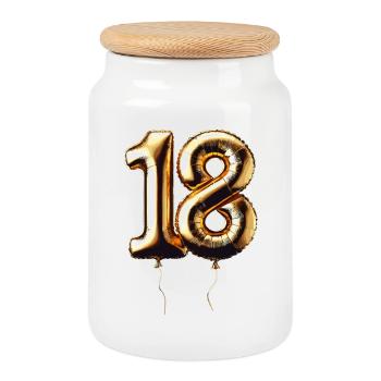 18 Years Gold Balloon Foil Balloon Gift - Cookie Jar with Wooden Lid - white - Front